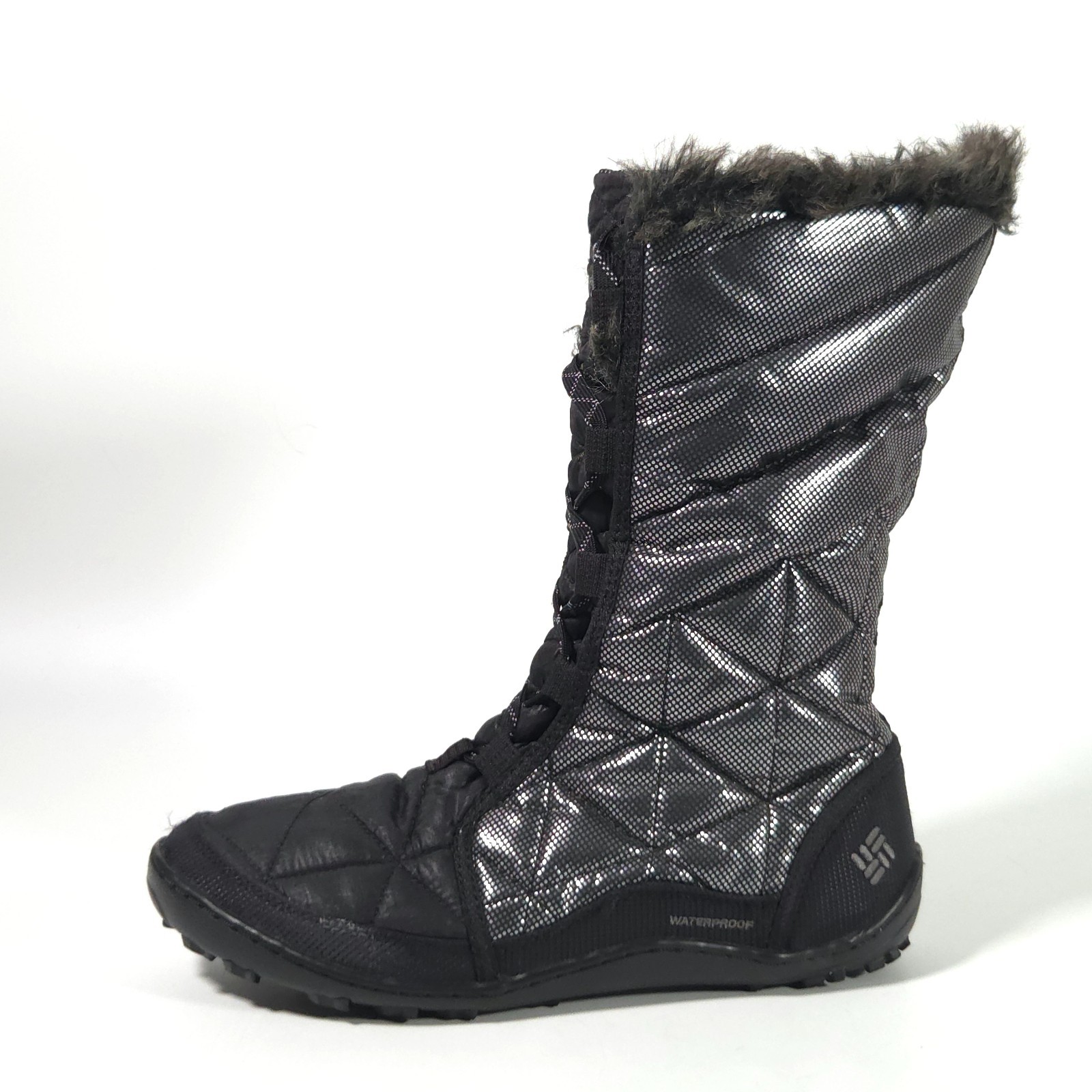 Columbia Boots Women Size 8.5 Silver Waterproof Faux Fur Quilted Snow BL3826-010