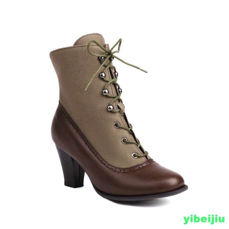 Women’s Ankle Boots Splicing Low Heel Lace Up Shoes Canvas Leather Patchwork NEW