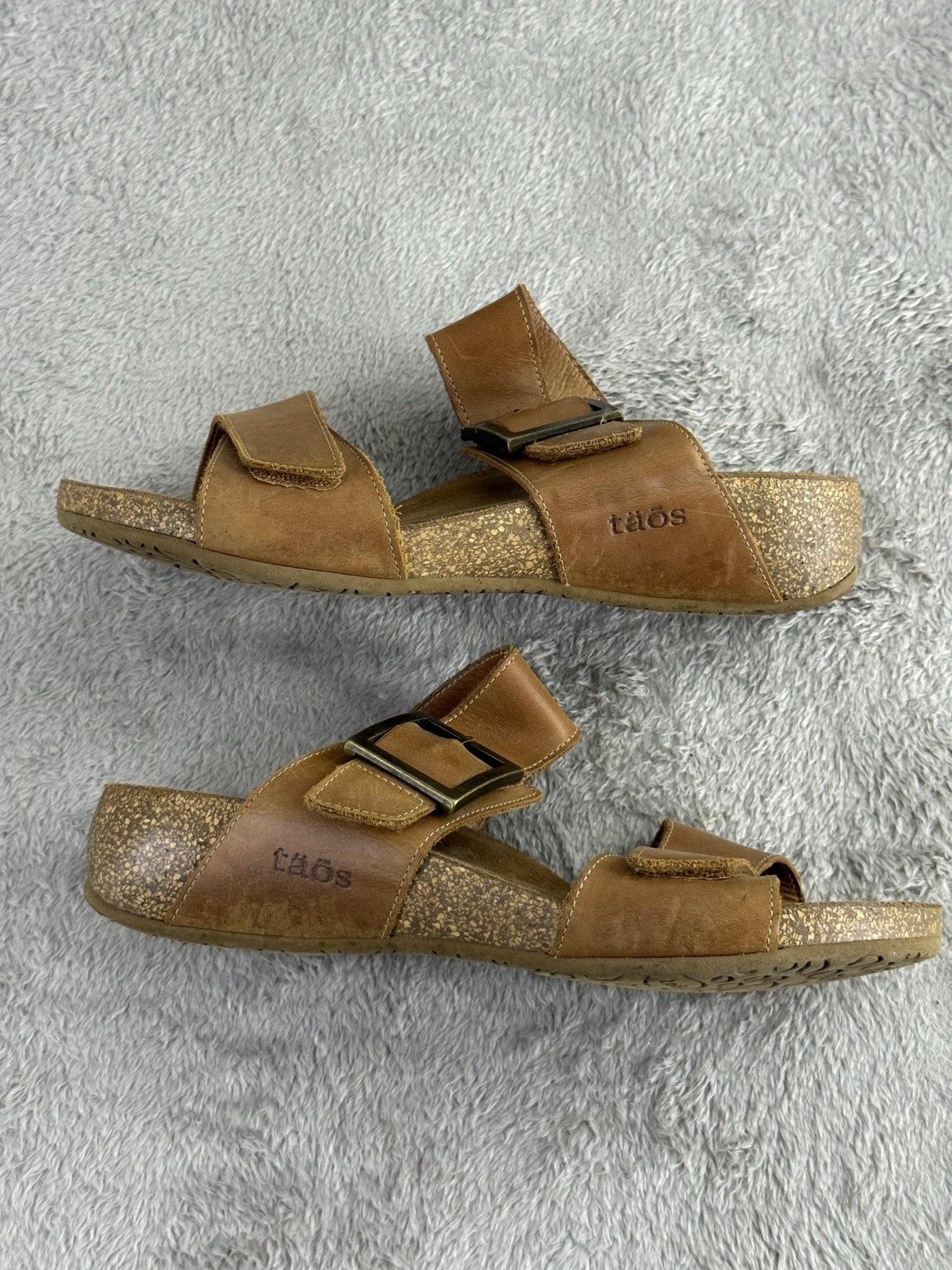 Taos Sandals Womens Size 8.5 Brown My Dear Slides Leather Cork Wedge Comfort