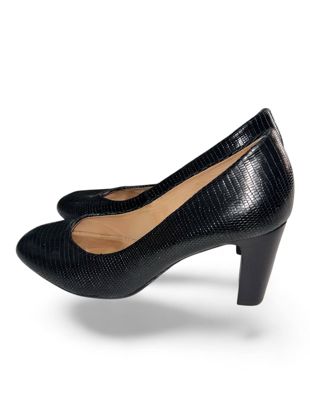 NURTURE by Lamaze Black Embossed Leather Round Toe Deon Pump Size 7 M Wedge Heel