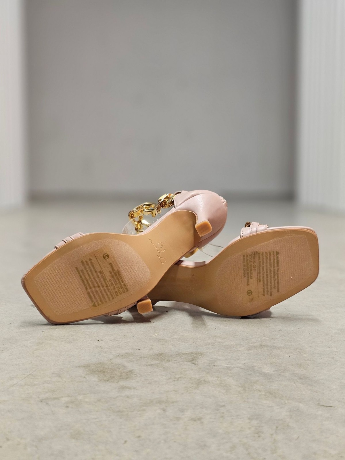 Blush Pink High Heel Sandals With Gold Chain Ankle Strap Square Toe Back Zipper
