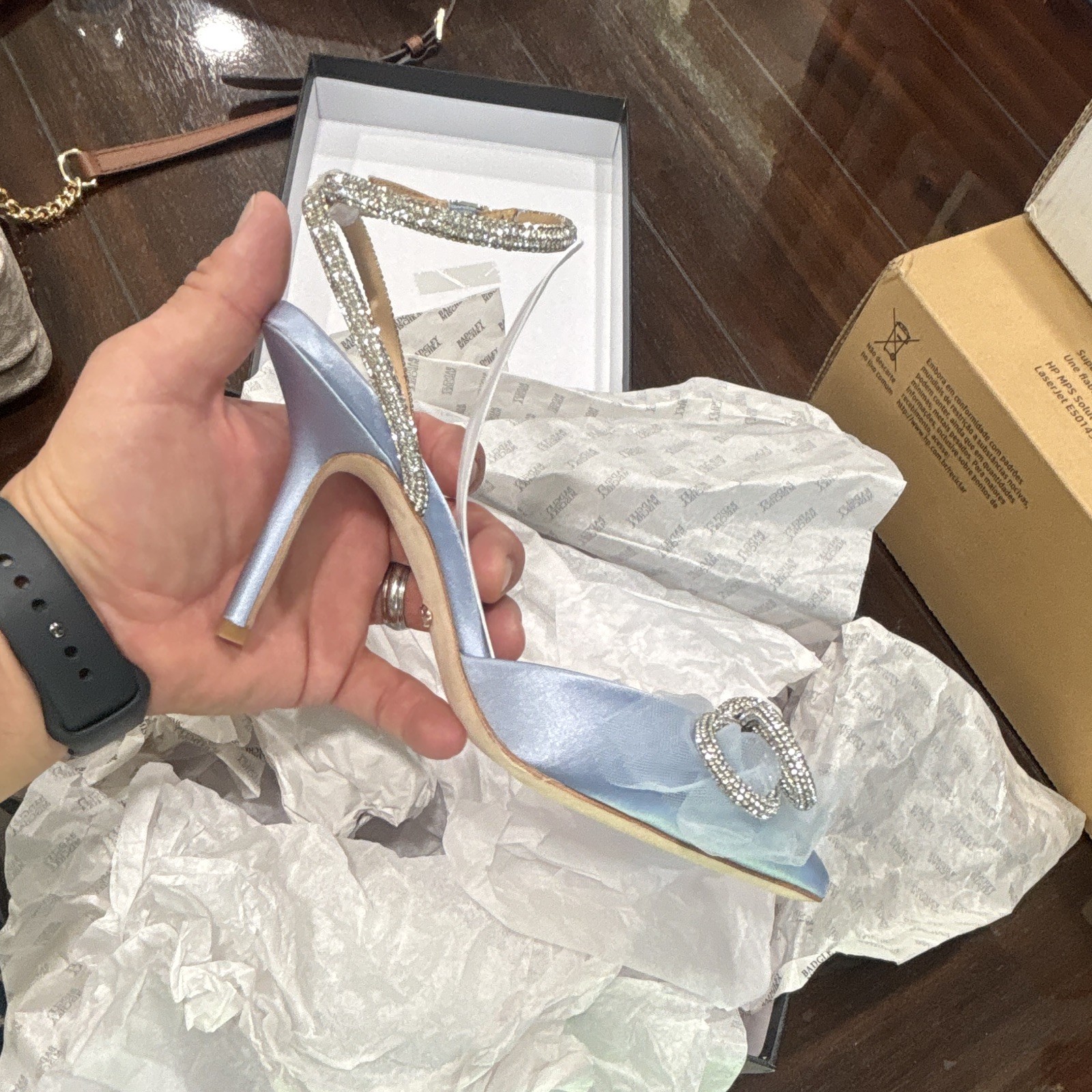 Badgley Mischka Blue Leather Pointed Toe Crystal Bow Ankle Strap Heels 5