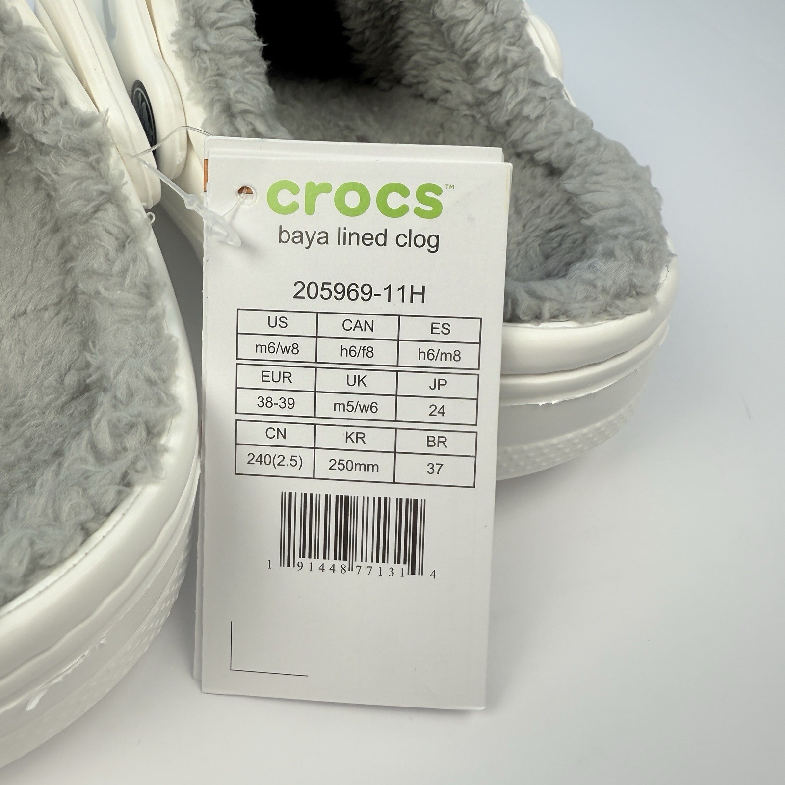 Crocs Unisex White & Light Grey Baya Lined Clog US Women 8 / Men 6 NWT