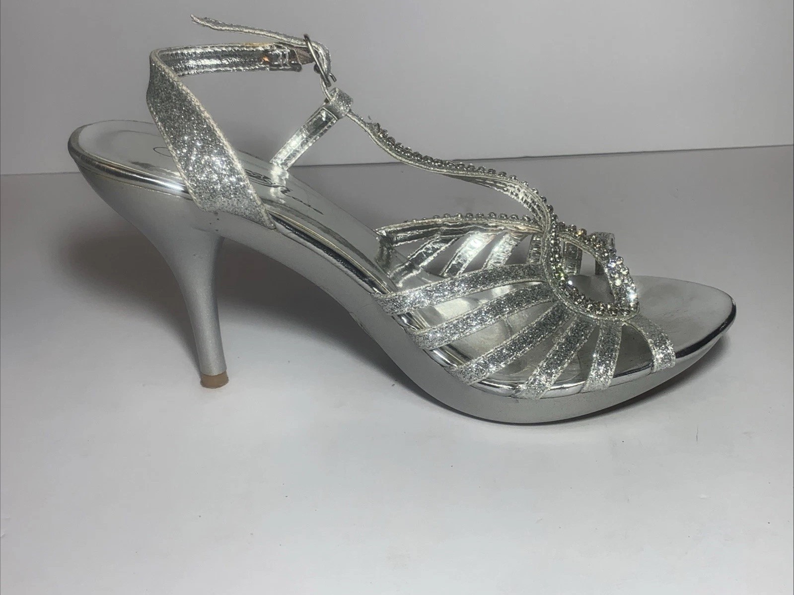 Stiletto Heels Wedding Prom Strappy Shoes Silver Glitter Rhinestone 7M