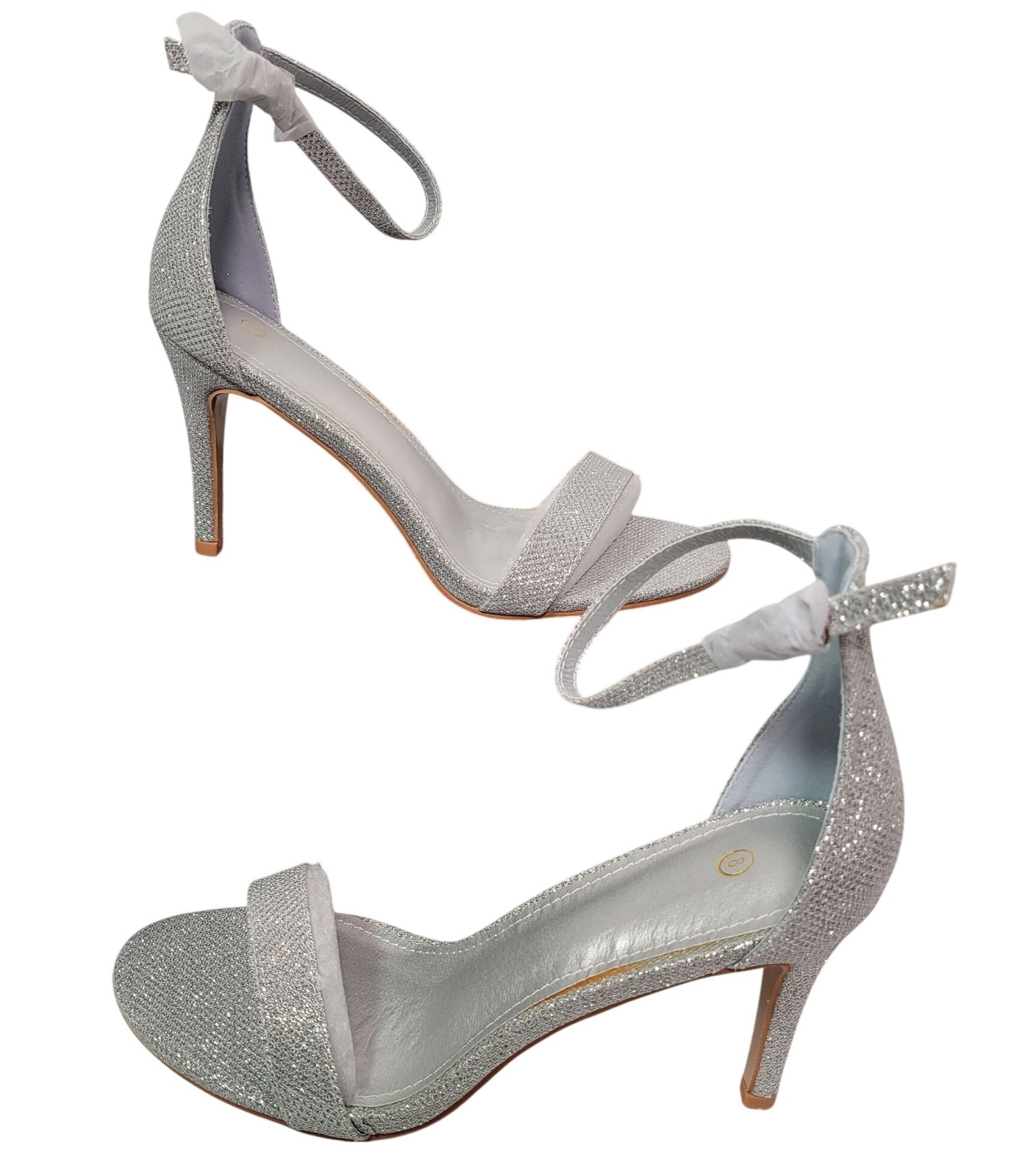 Women’s Silver Glitter Ankle Strap High Stiletto Heel Sandals Size 8