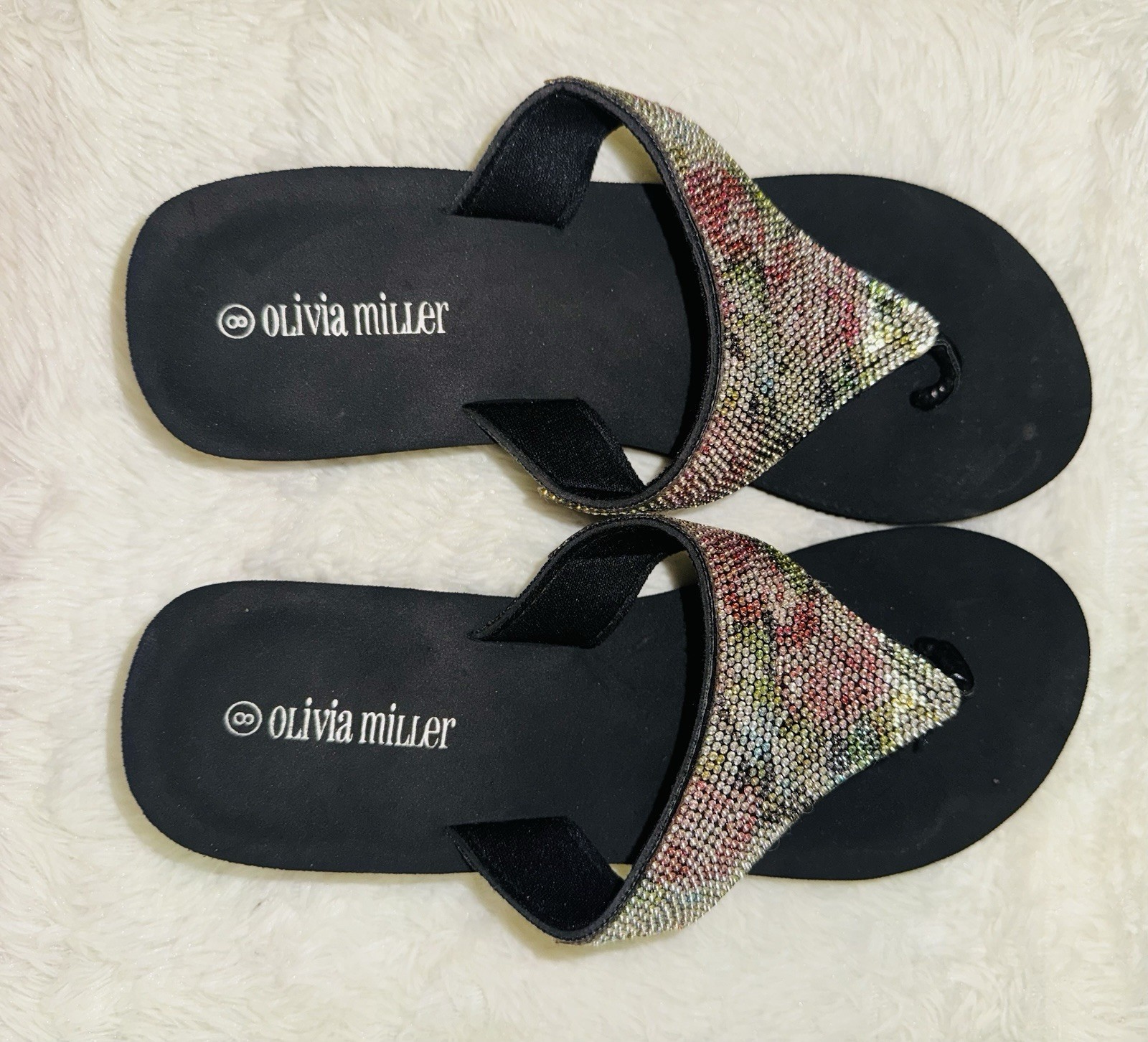 Olivia Miller 8 Sandal FlipFlop Glitzy Rhinestone Thong Wedge Black Floral Bling