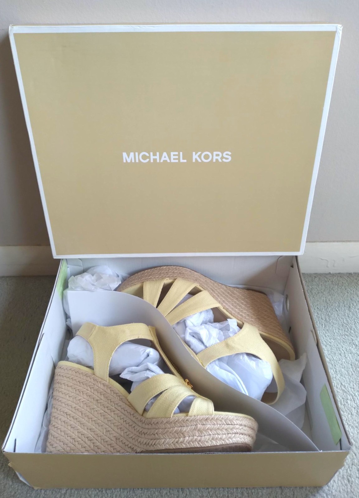 Michael Kors BERKLEY Wedge Sandal Buttercup Yellow Canvas Zipper 7.5 M NEW