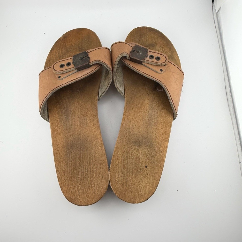Vintage 70’s Tan Leather Scholl Original Wooden Sandal, Made in Austria, Size 8