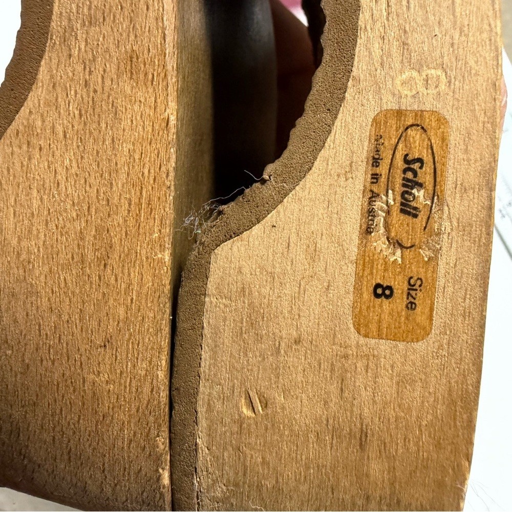 Vintage 70’s Tan Leather Scholl Original Wooden Sandal, Made in Austria, Size 8