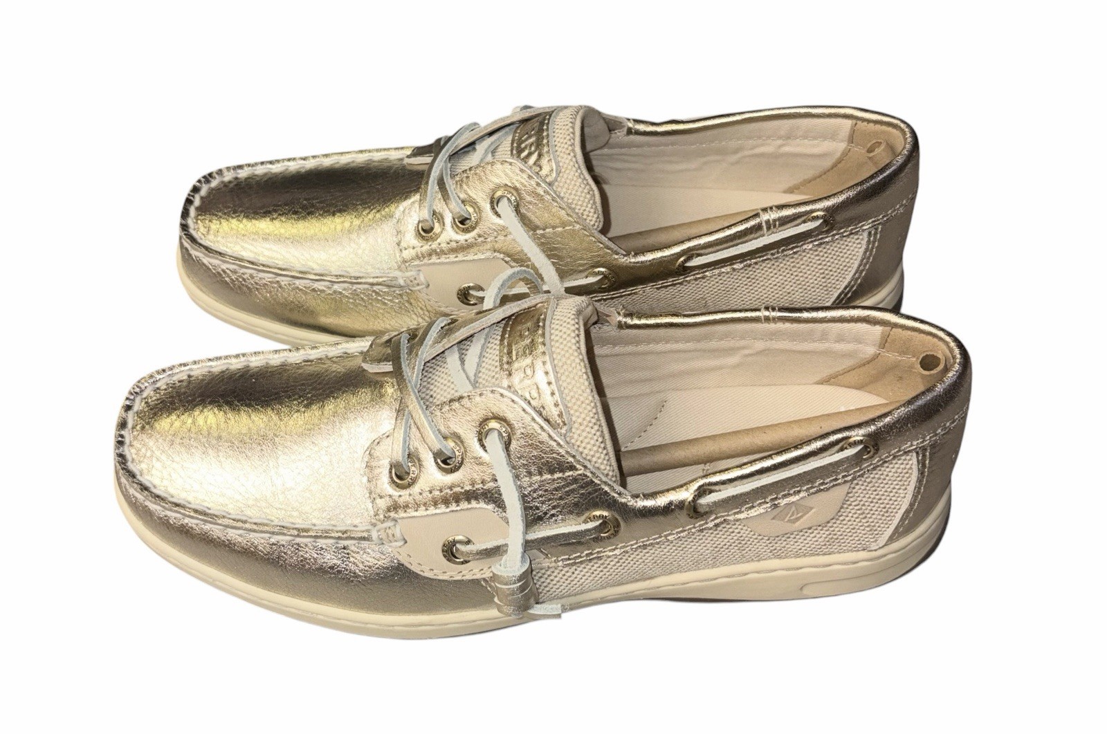 Sperry Women’s Rosefish Metallic Gold 3 Eye Slip On Boat Shoes Size 8.5 New