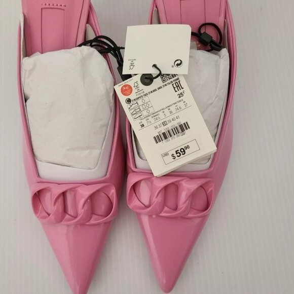 zara CHAIN DETAIL HEELED MULES shoes Size 6.5 24.0 cm US pink patent 1263/910/0