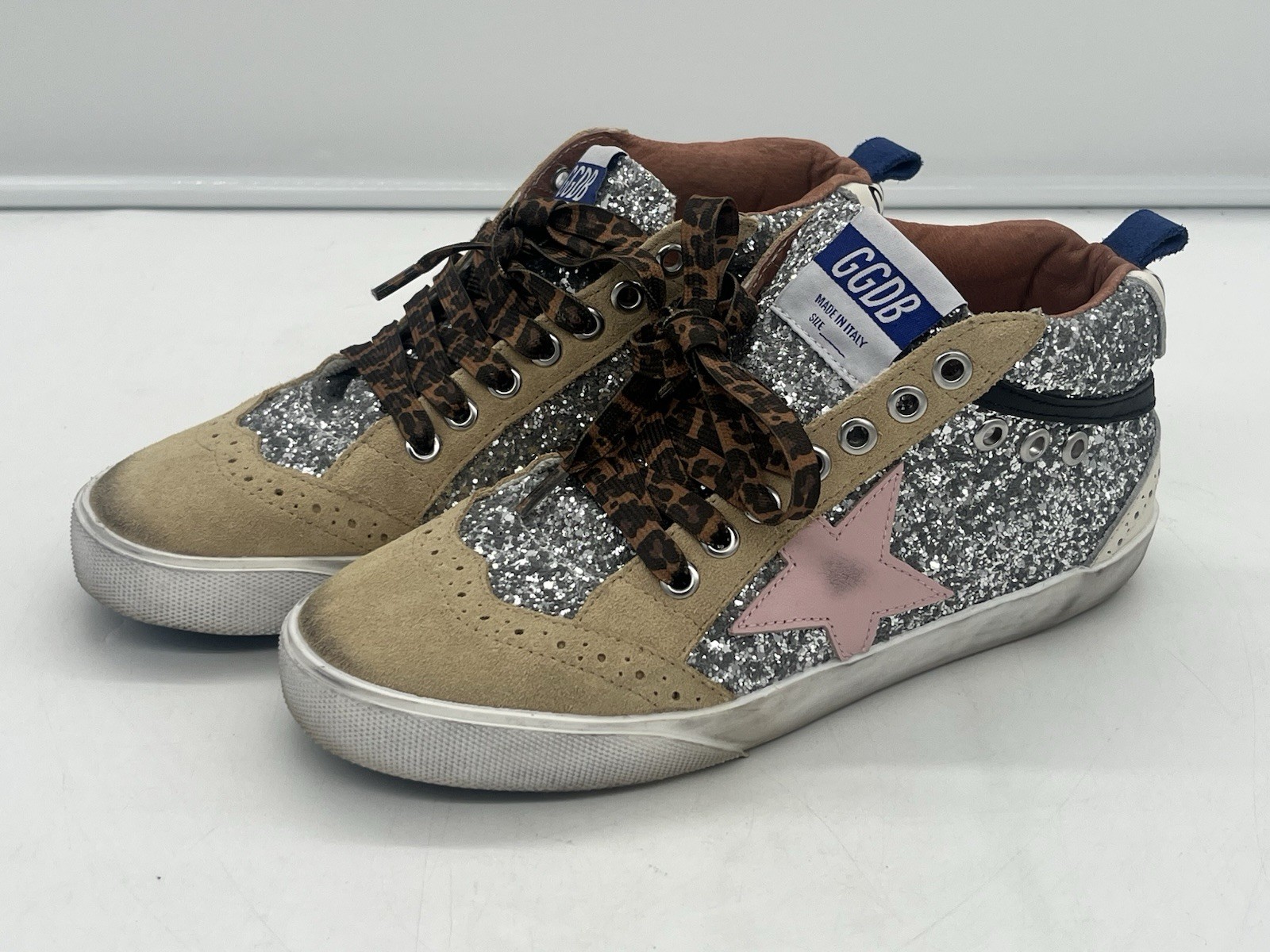 $750 Golden Goose Mid Star Glitter Covered Mid Top Sneakers Silver Size 37 / 7