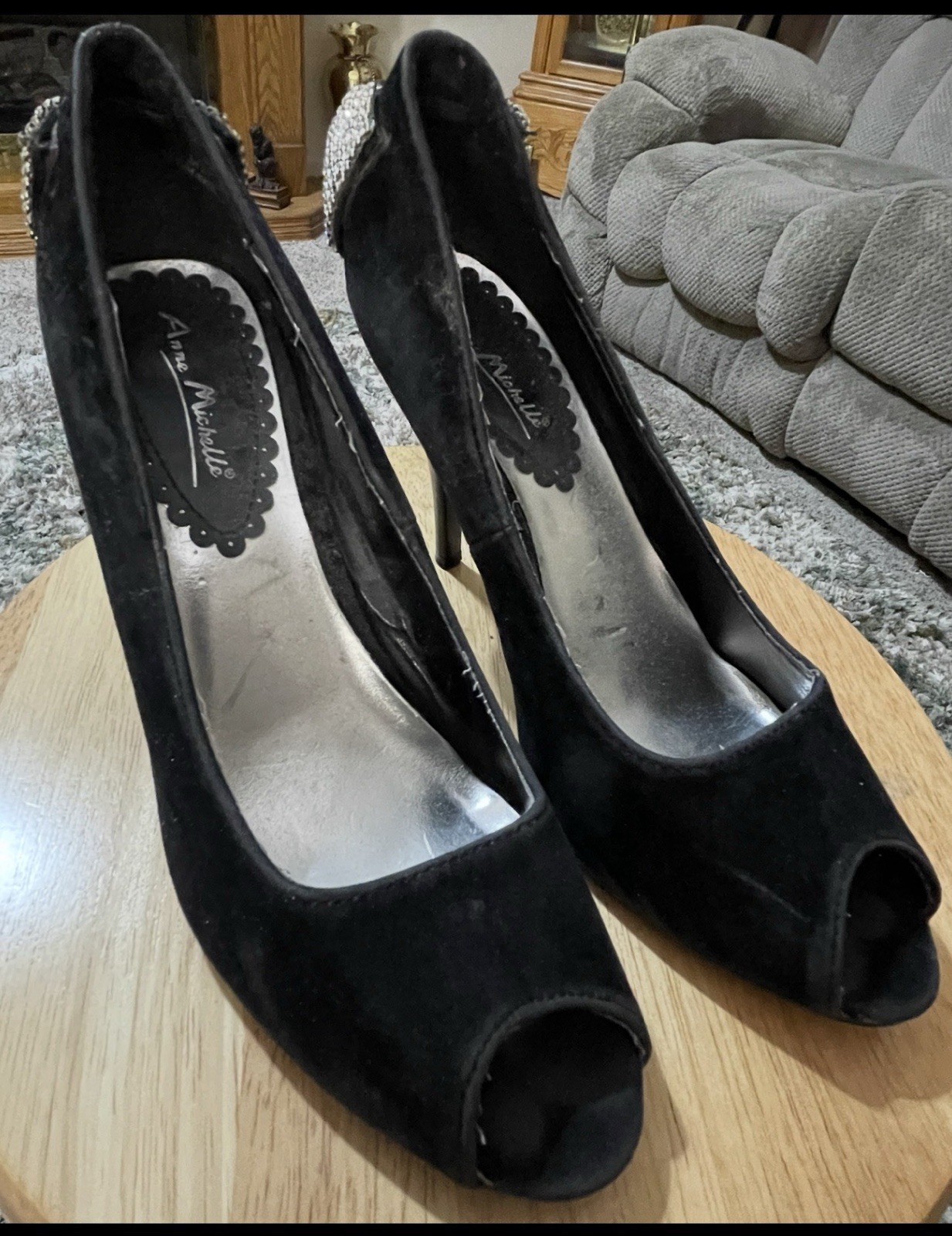 Anne Michelle Heels Y2K 7 Vintage Velvet Rhinestone Bow Black Womens Glam Pumps