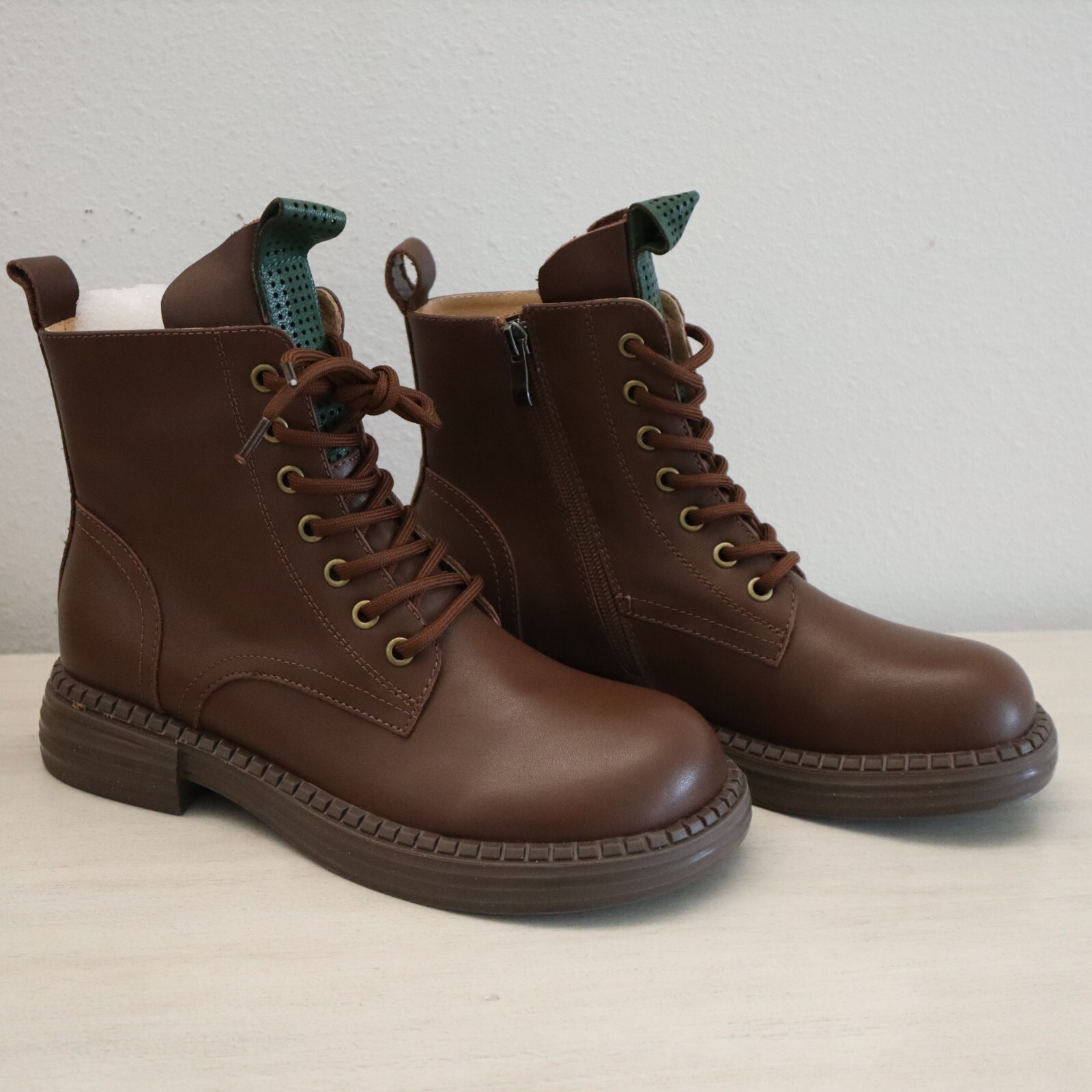 HZM 21DJL3138-1 Women Sz 40 US 9.5 Coffee Brown Leather Lace-Up Zip Combat Boots