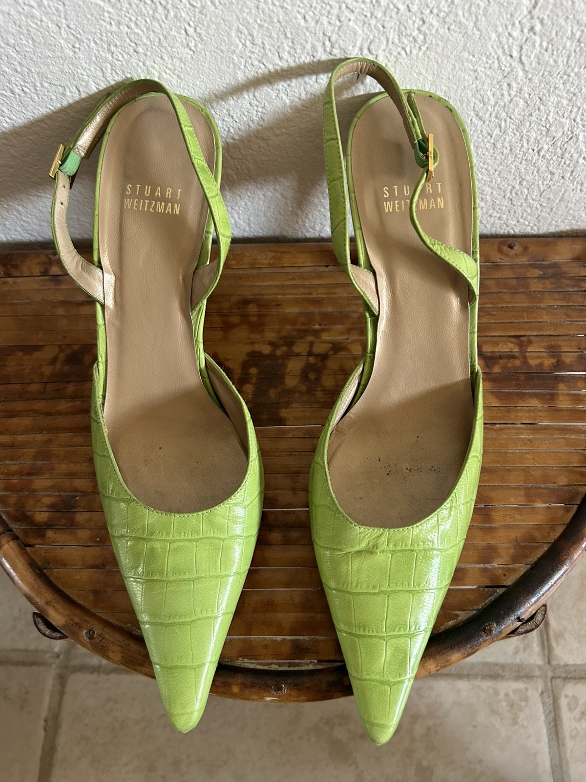 Stuart Weitzman Lime Green Croc Leather Embossed Pointed Toe Slingback Heels 8M