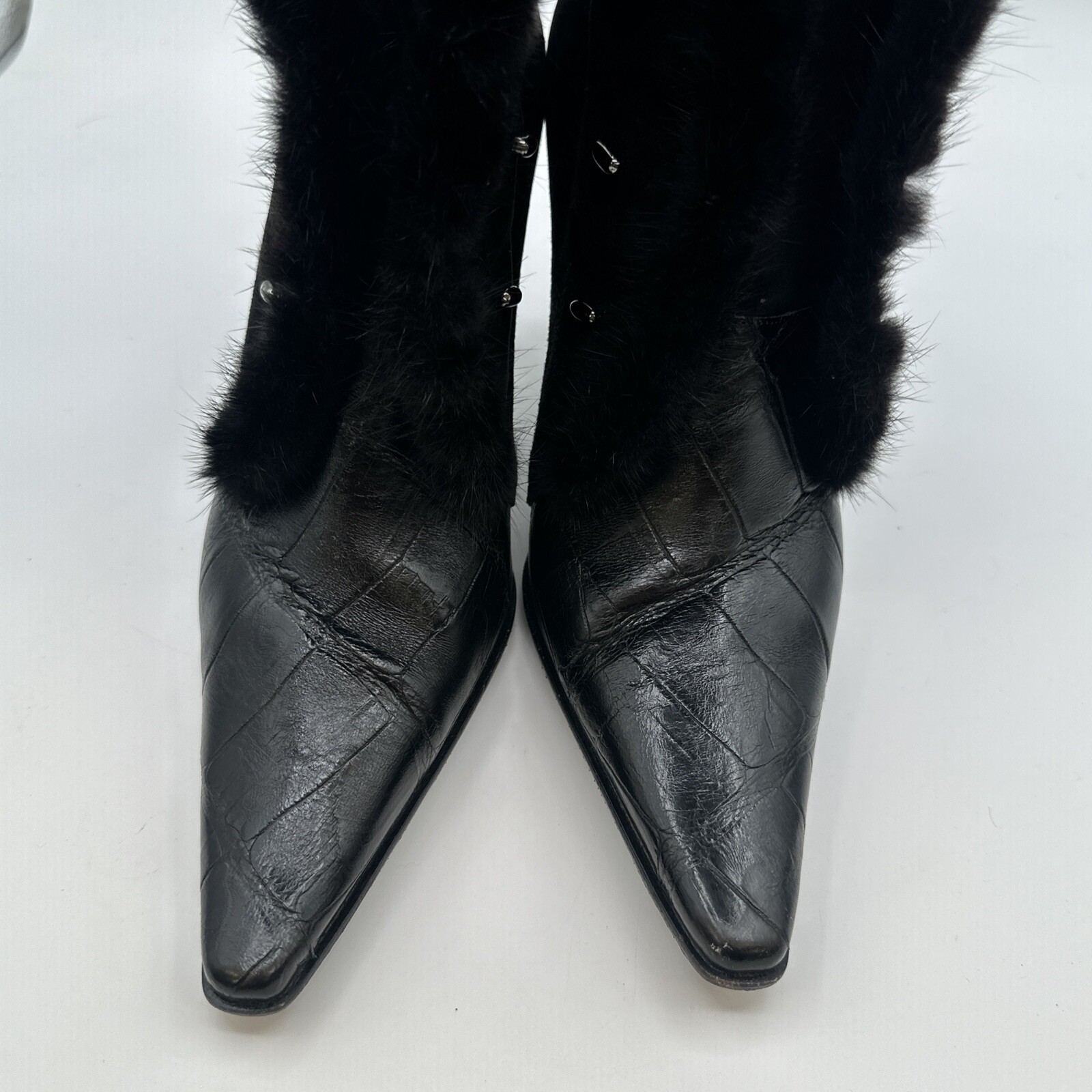 Mauri Boots Womens 9.5 Black Suede Alligator Mink Fur Trim Witchy Gothic Italy