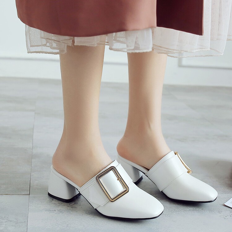 Women’s Faux Leather Slippers Block Heels Slip On Mule Slingback Dress Sandals
