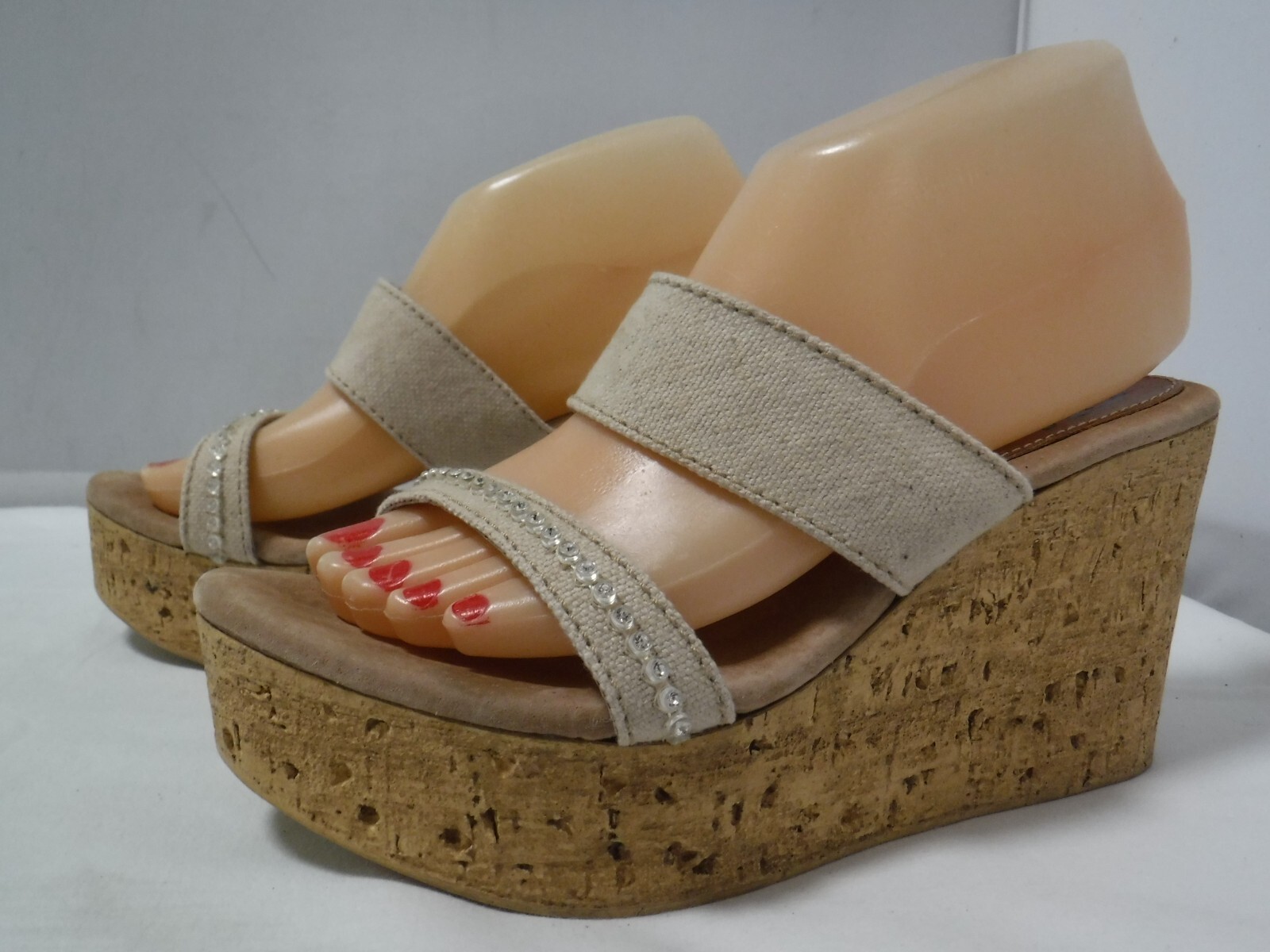 PF2 SBICCA Vintage Collection Cork Platform Beige Canvas Wedge Heel Sandals 8 39