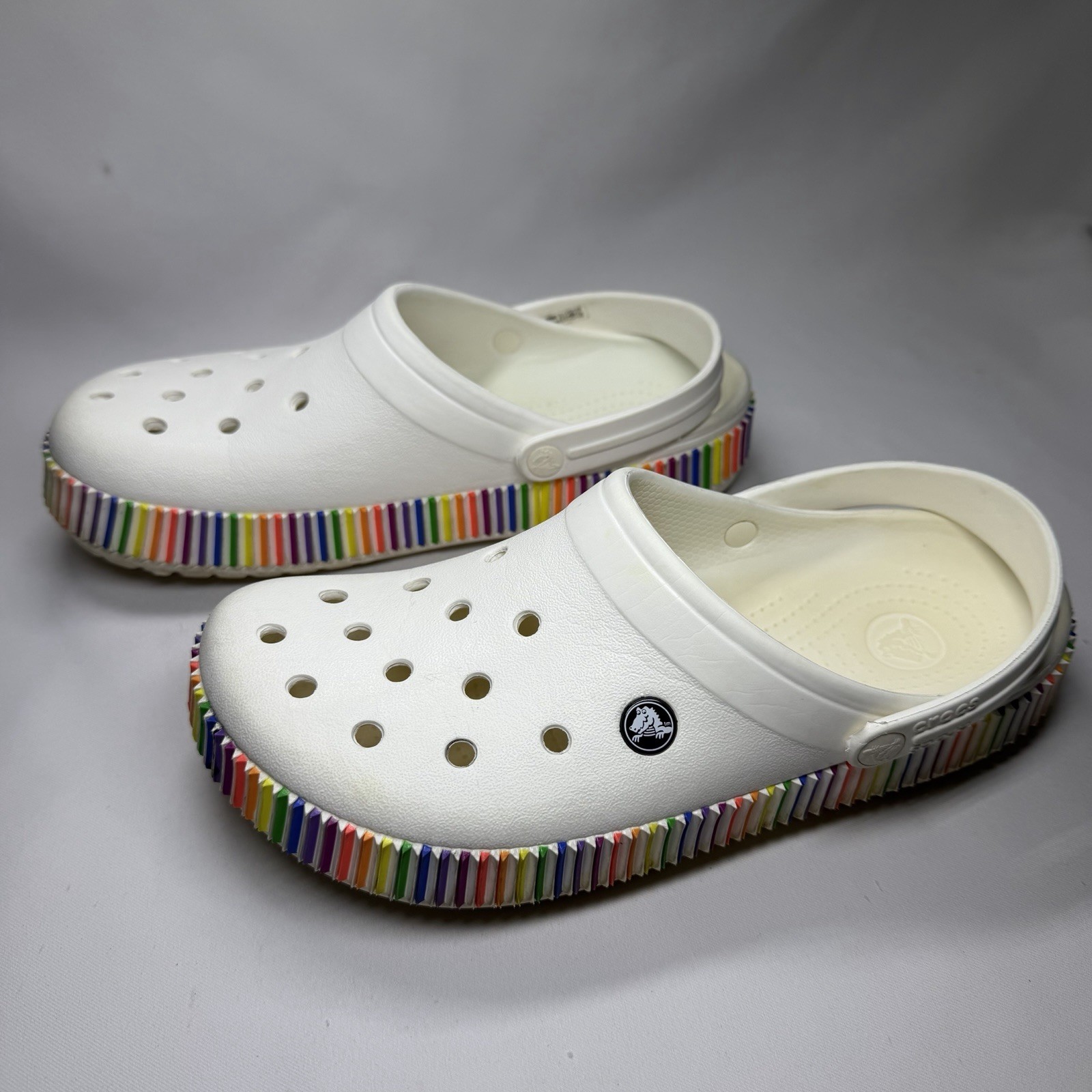 Crocs Classic Clog Shoes Womens 11 Mens 9 White Rainbow Pride Band Slip On