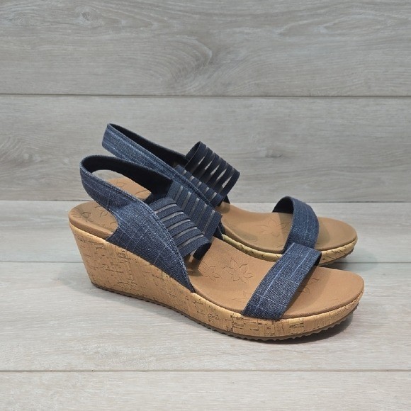 Cali From Skechers Luxe Foam Women’s Denim Wedge Sandals Shoes Sz 9.5
