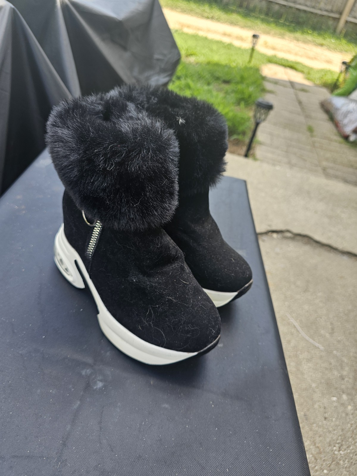 Women’s Black Suede Ankle Bootie Faux Fur Trim Side Zip Round Toe White