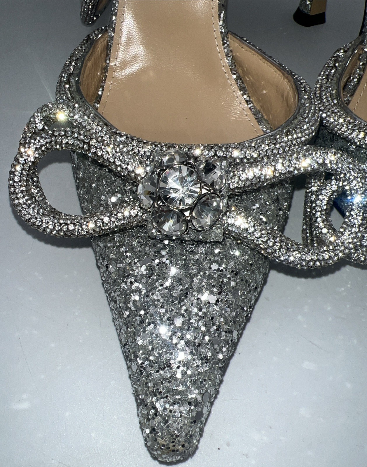 Mach & Mach Double Bow Glitter Crystal Embellished Heels Leather Women’s EU 39.5