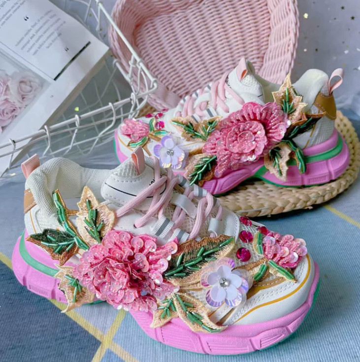 Floral Womens Platform Floral Lace Up Sequins Beaded Creeper Casual Sport Shoes