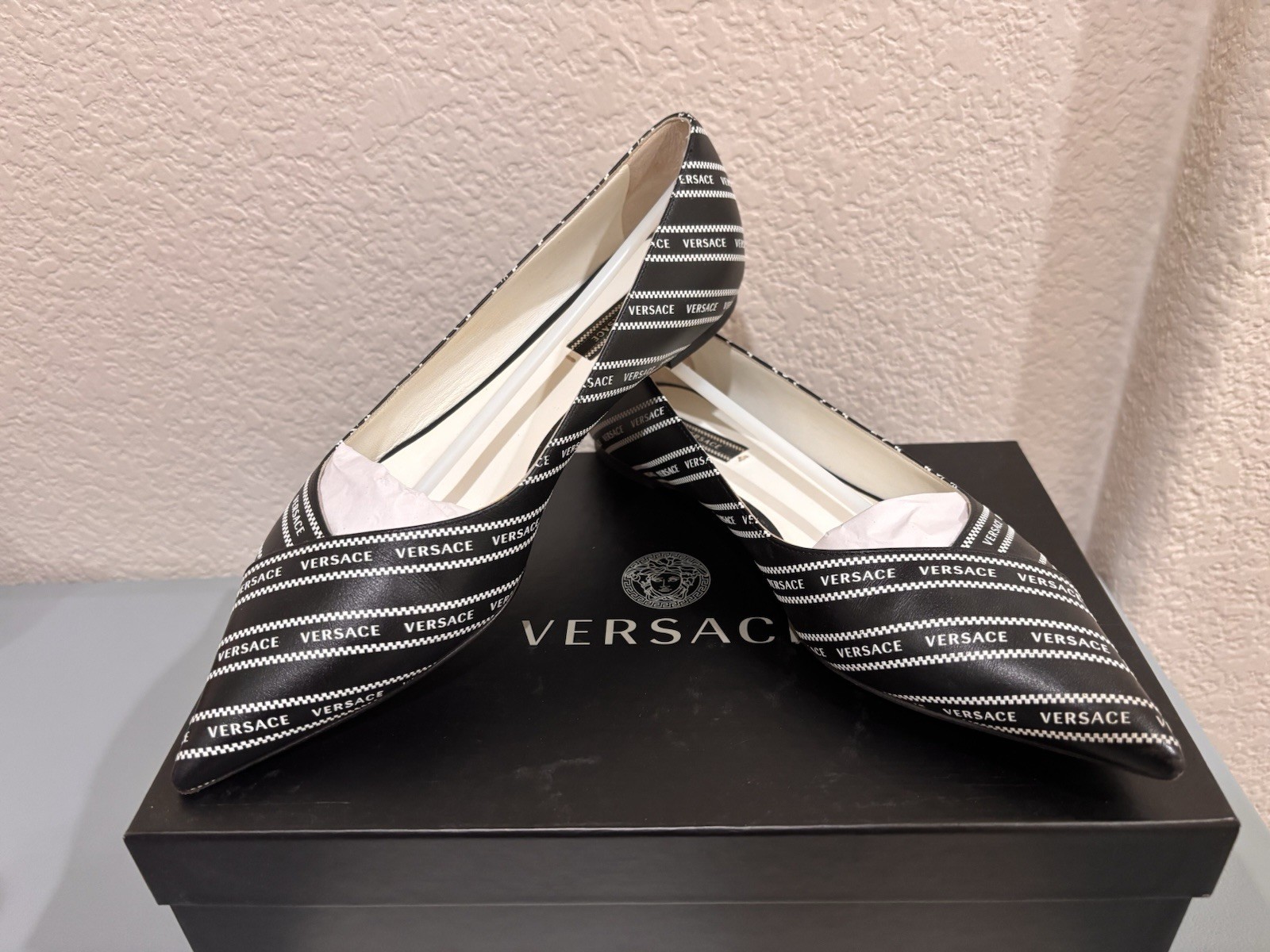 Versace Black/White Logo Striped Pointed Toe Slip-On Flats Women’s US 7.5