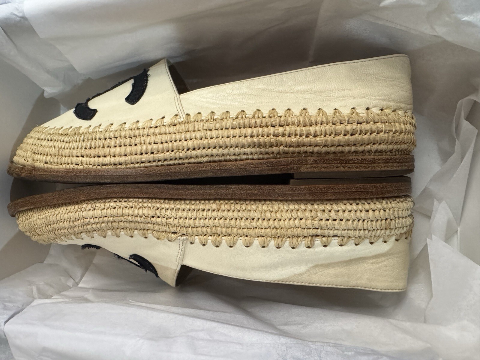 CHANEL Beige/Black Leather Espadrille Flats CC Logo Slip-On Women’s 7.5