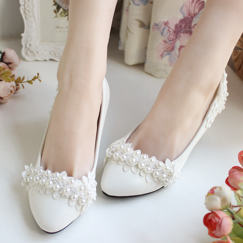 Ivory Pearl Flower Wedding Lace Prom Bridal Bridesmaid Flat High Low Heels shoes