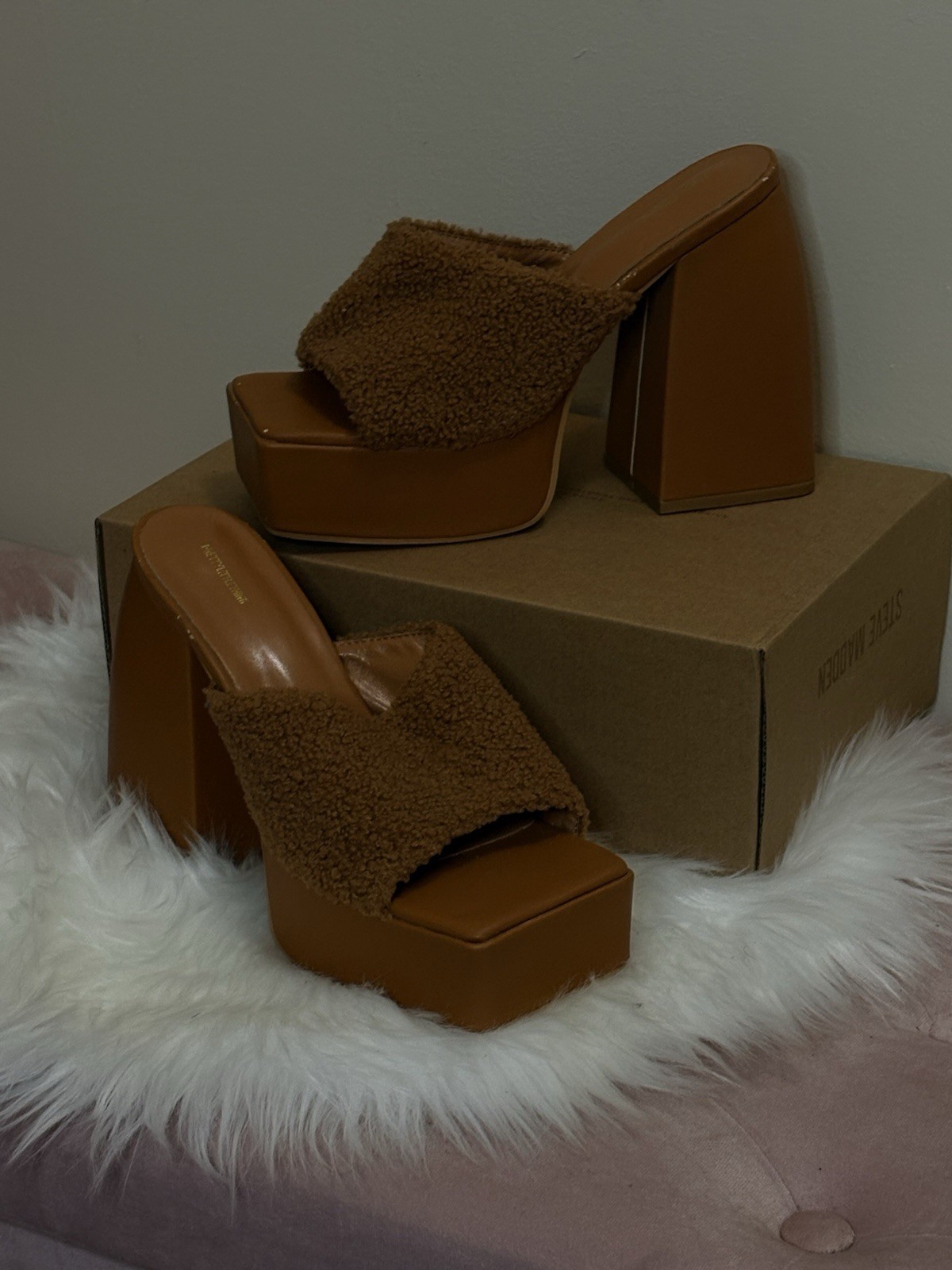 PRETTYLITTLETHING Women’s Brown Platform Square Toe Slip On Teddy Straps 5