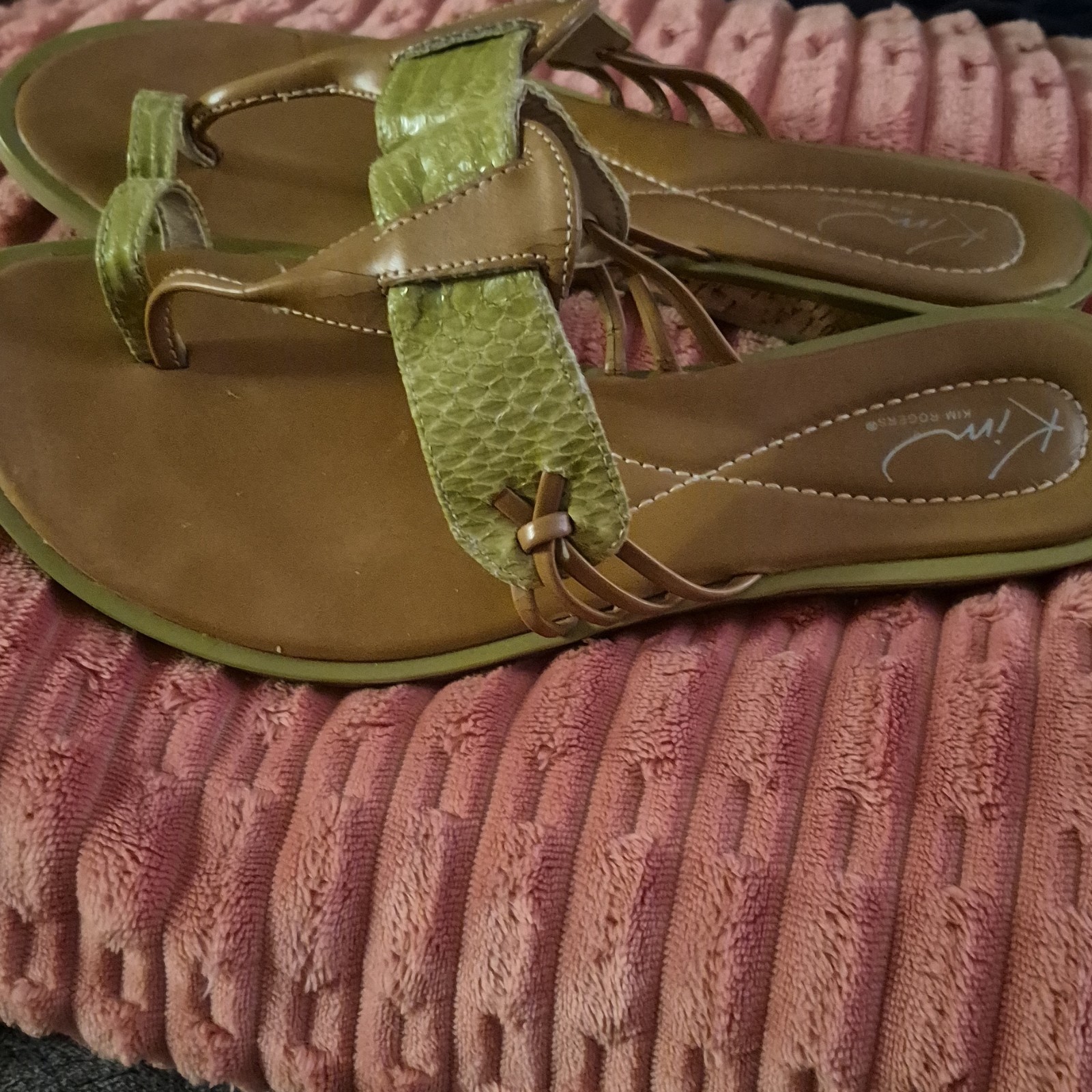 Kim Rogers Women’s Thong Slip-On Sandals Leather Brown Green Knot Size 8