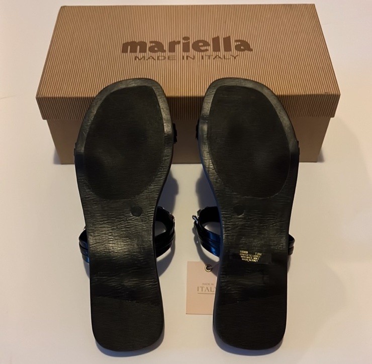 MARIELLA Made In Italy Silver Chainlink Black Flat Sandals, Size 7.5