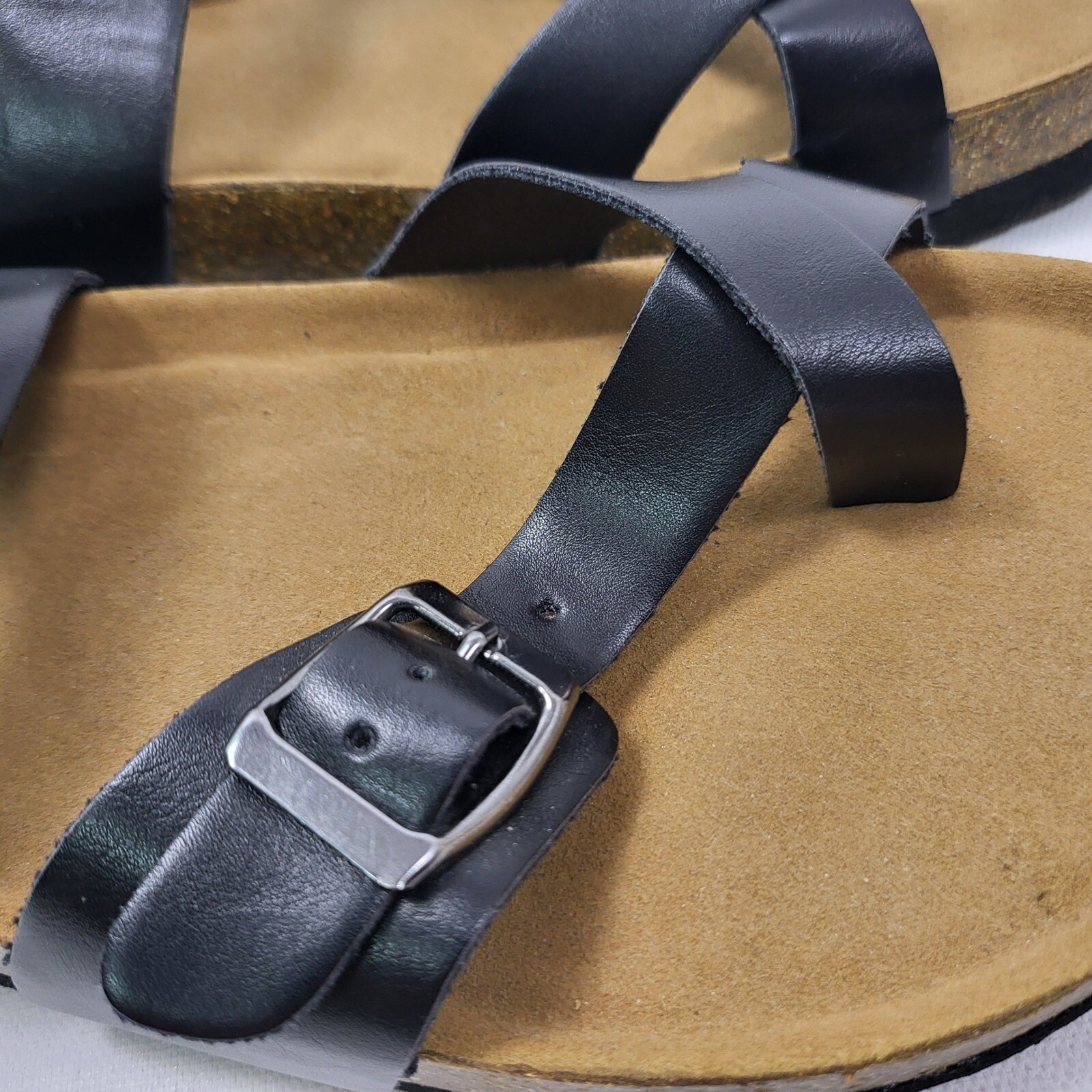 Love Rose Sandals womens size 10 black Ankle Strap Buckle soft Cork Footbed Shoe