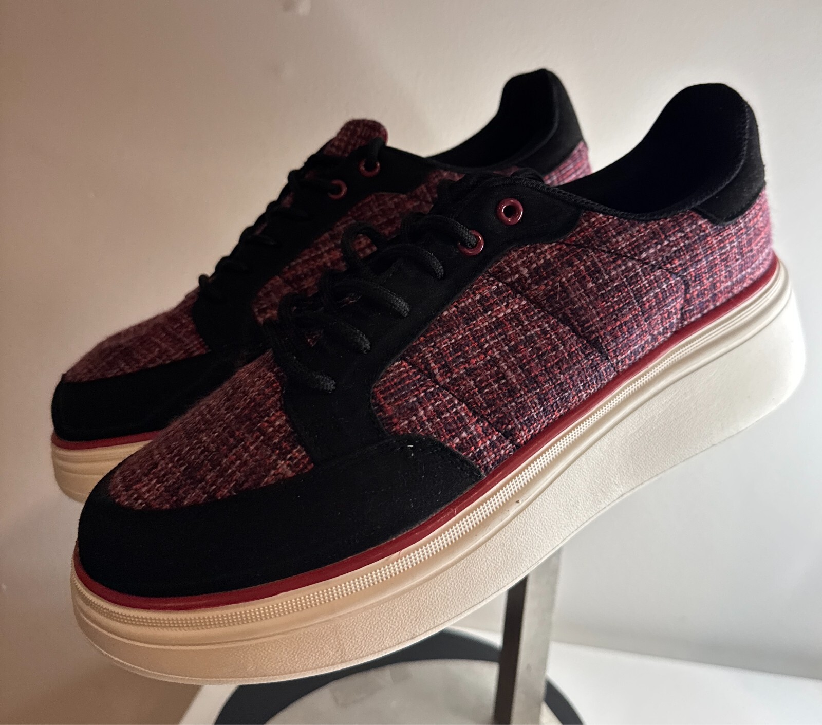 Ortho Comfoot Womens Platform Sneakers Black Shoes Size 10.5 Red Tweed Plaid NEW