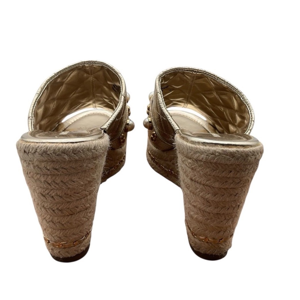 Karl Lagerfeld Paris Gold Quilted Leather Pearl Studded Espadrille Wedge 7