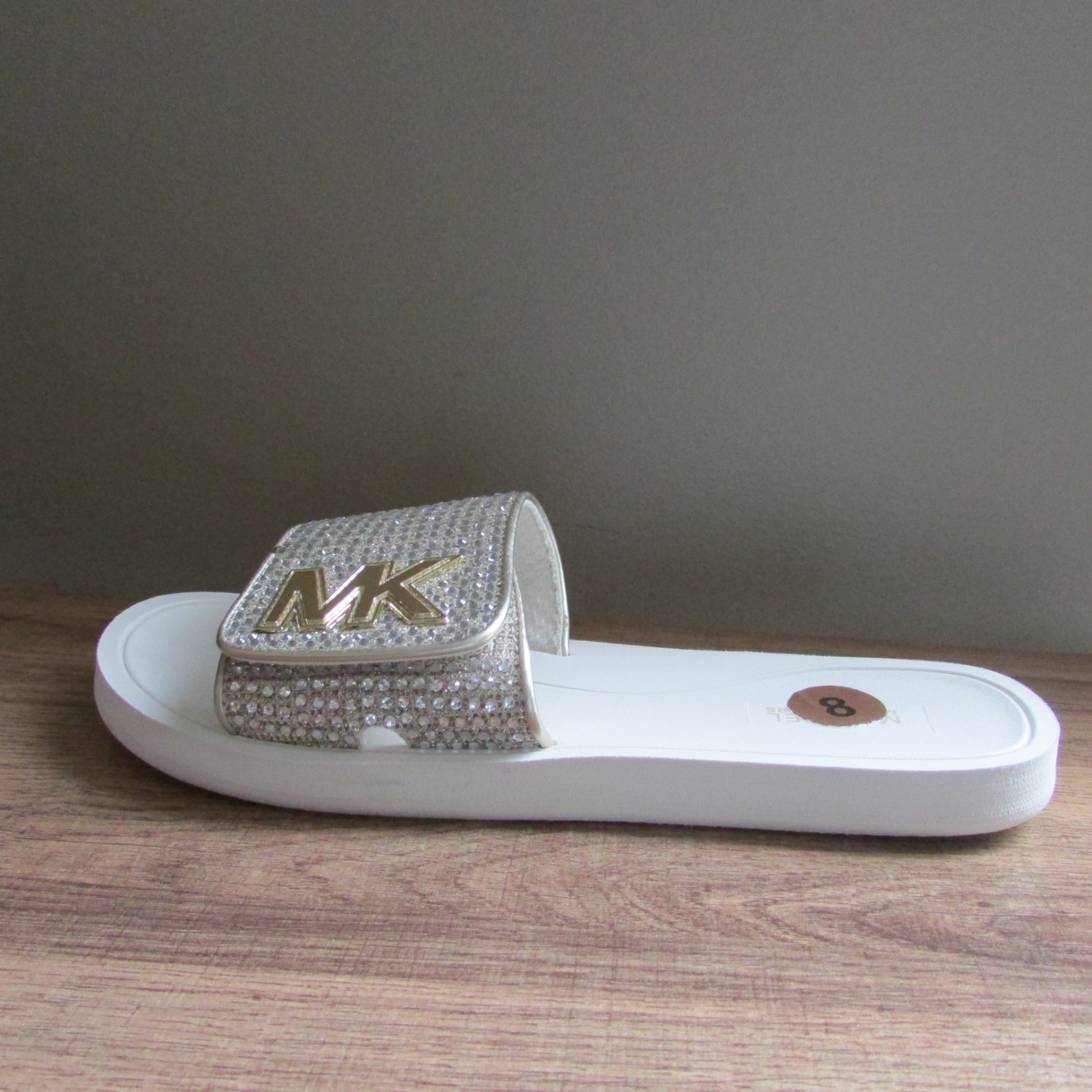 MICHAEL KORS GOLD SILVER WHITE CRYSTAL GLITTER MK LOGO DESIGNER SLIDE SANDALS-8