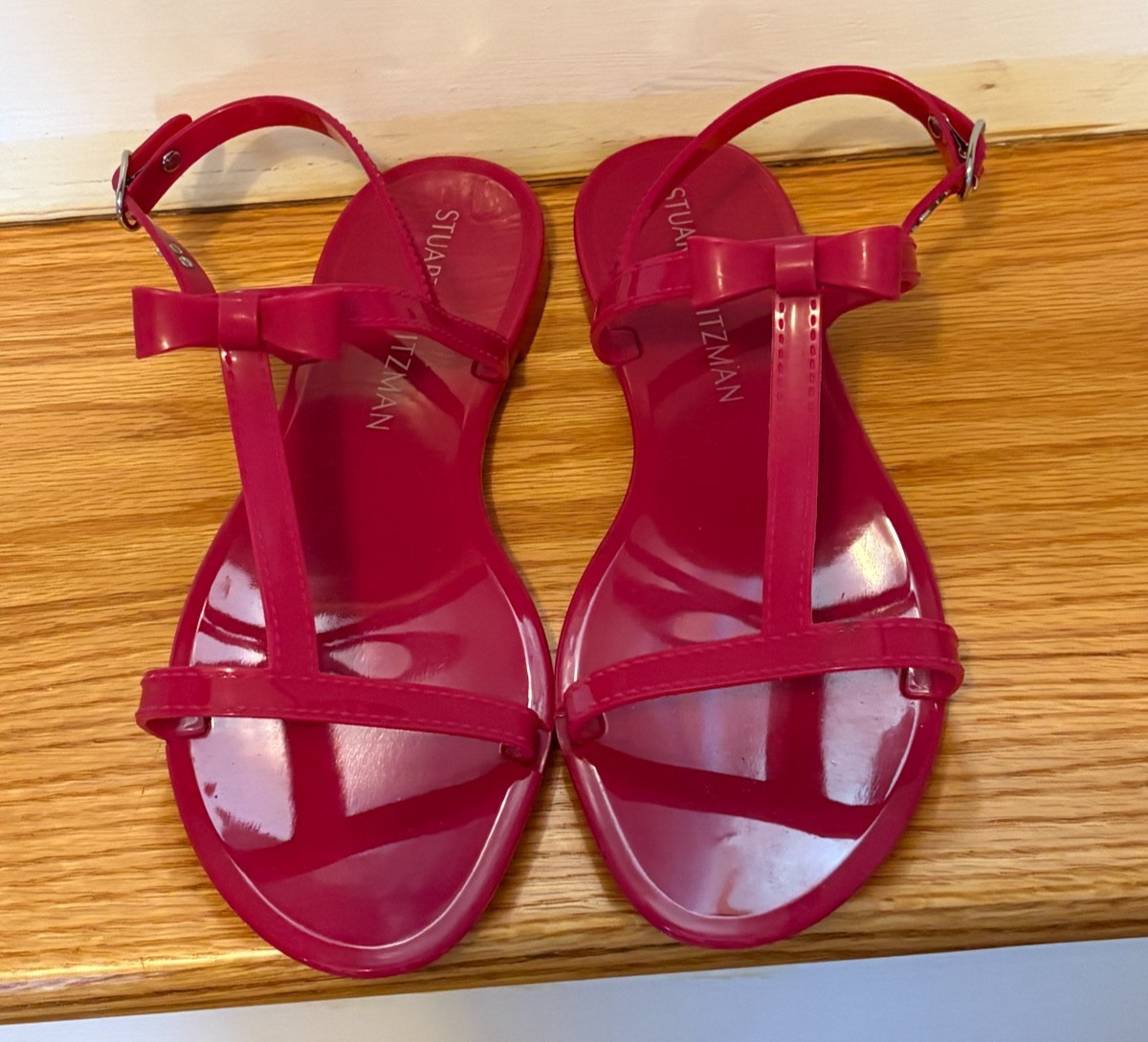 STUART WEITZMAN MELLIE FUSCHIA BOW JELLY T-Strap Slingback Sandals Sz 11B