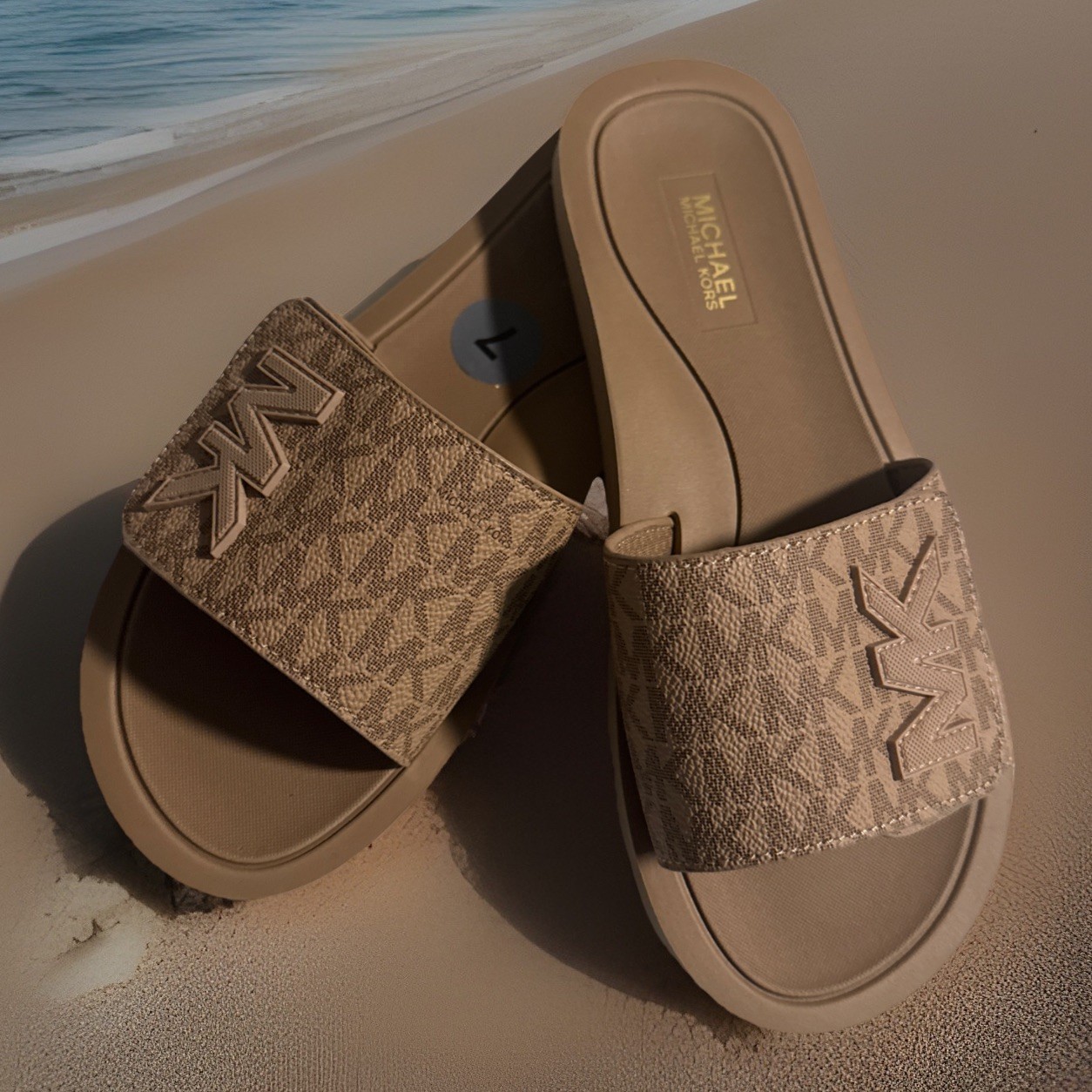 NEW Michael Kors Women Slide Brown Logo Printed Sandals,Sz. 7 M