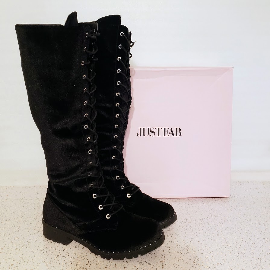 JustFab Ramona Black Velvet Tall Knee High Lace Up Combat Boots Women’s Size 8