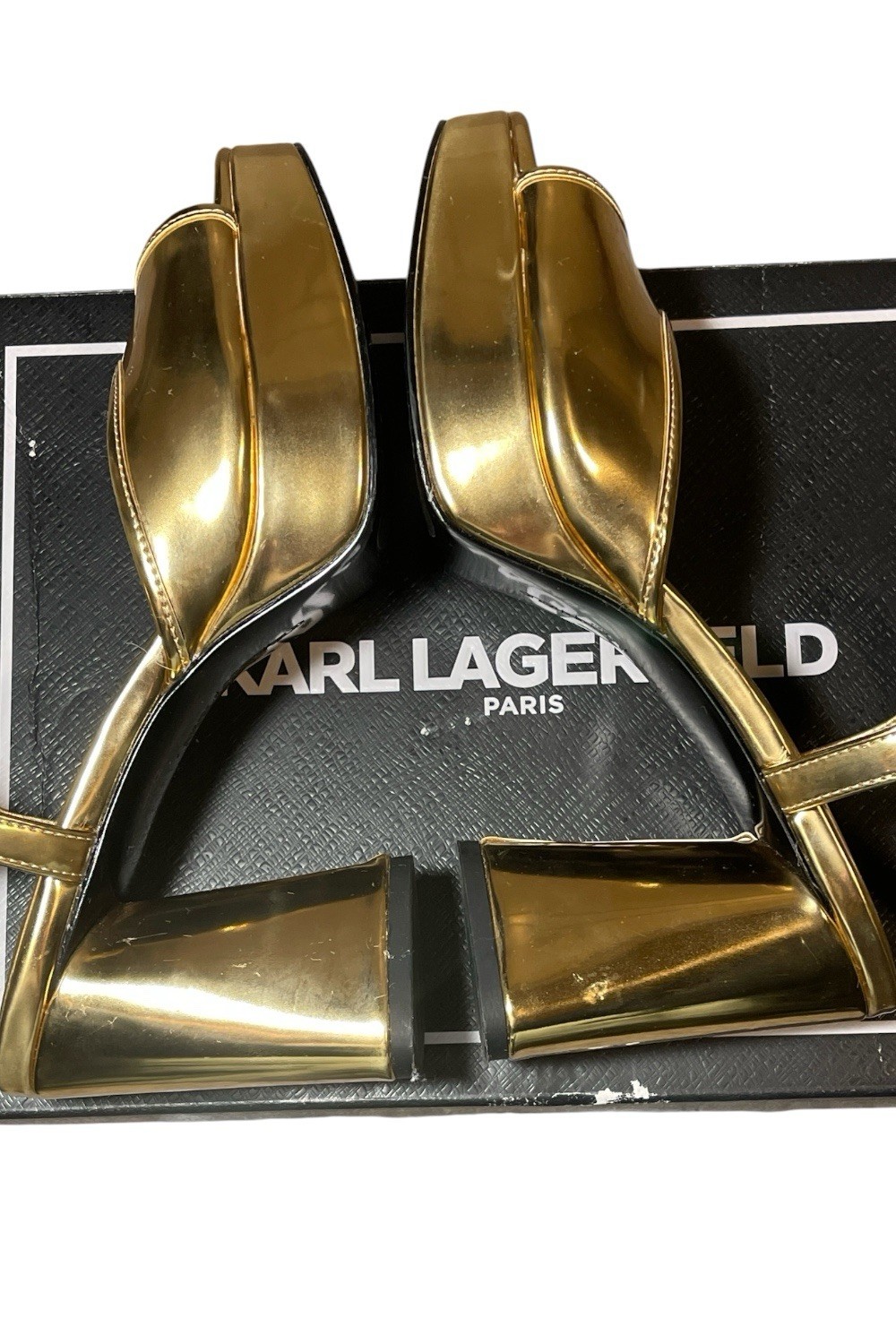 Karl Lagerfeld Gold Strappy Open Toe Ankle Strap Buckle Block Heel US 7.5
