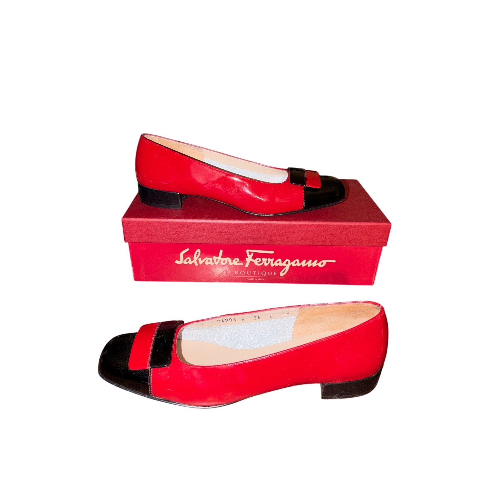 Salvatore Ferragamo Red Black Patent Leather Geometric Loafers 1” Heel Size 8 AA