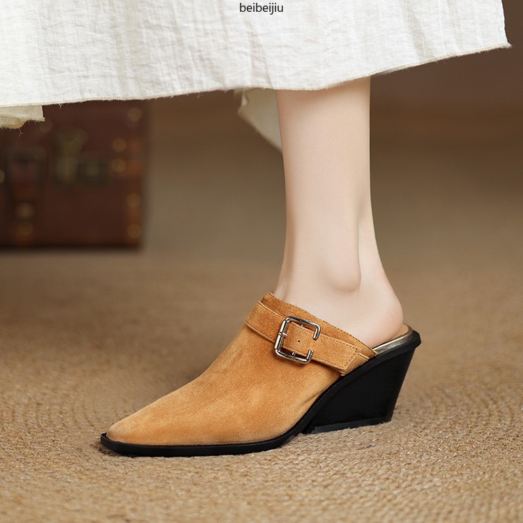 Women’s Closed Pointed Toe Slipper Mid Wedge Heel Sandals Suede Leather Shoes