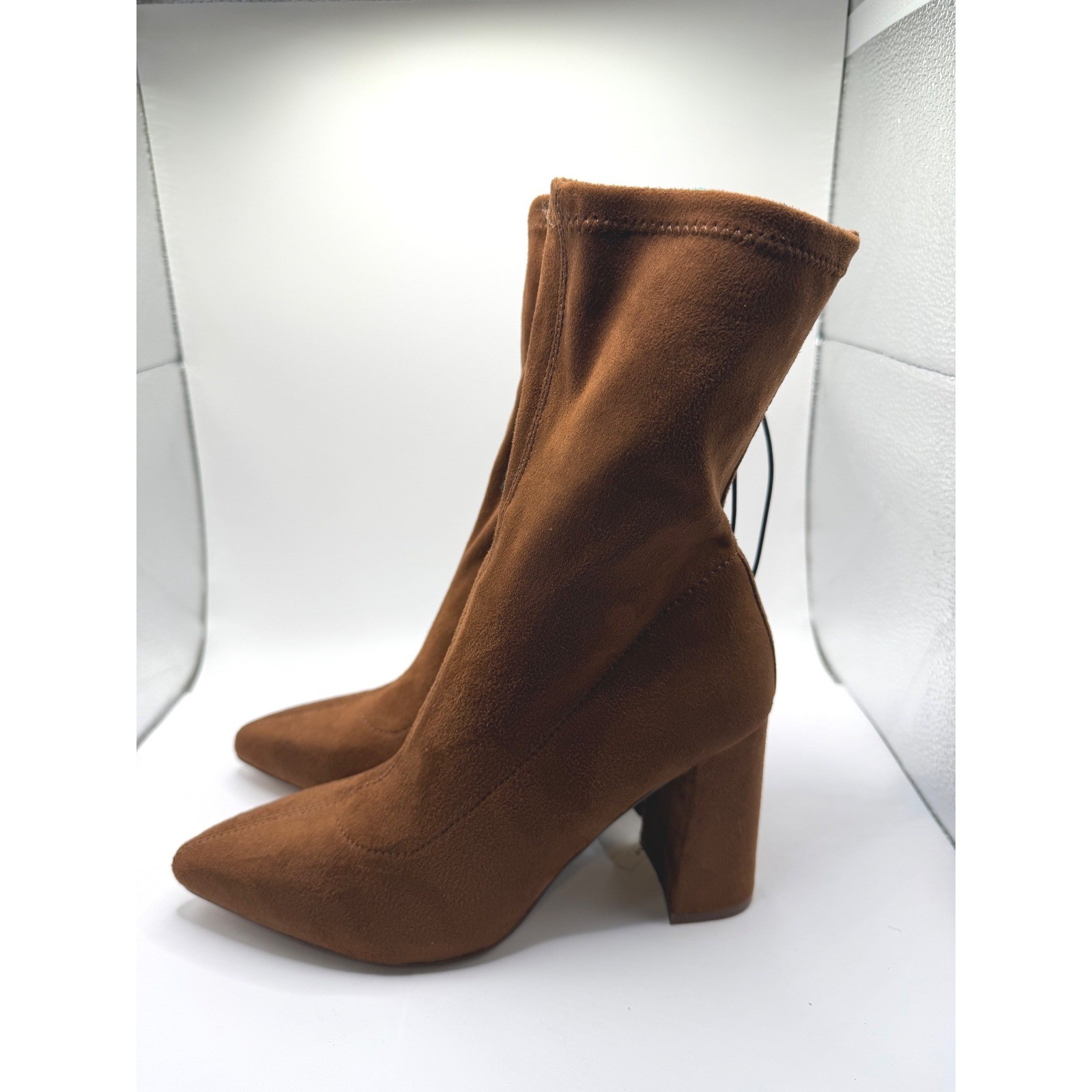 Express Womens Cognac Brown Faux Suede Pointed Toe Block Heel Sock Boots 7 NEW