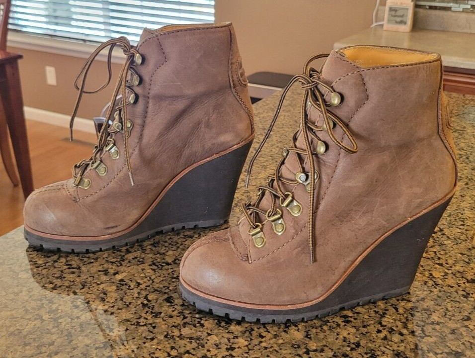 Women’s ASH Zenith Brown Leather Lace Up Wedge Heels Combat Ankle Boot 40 9