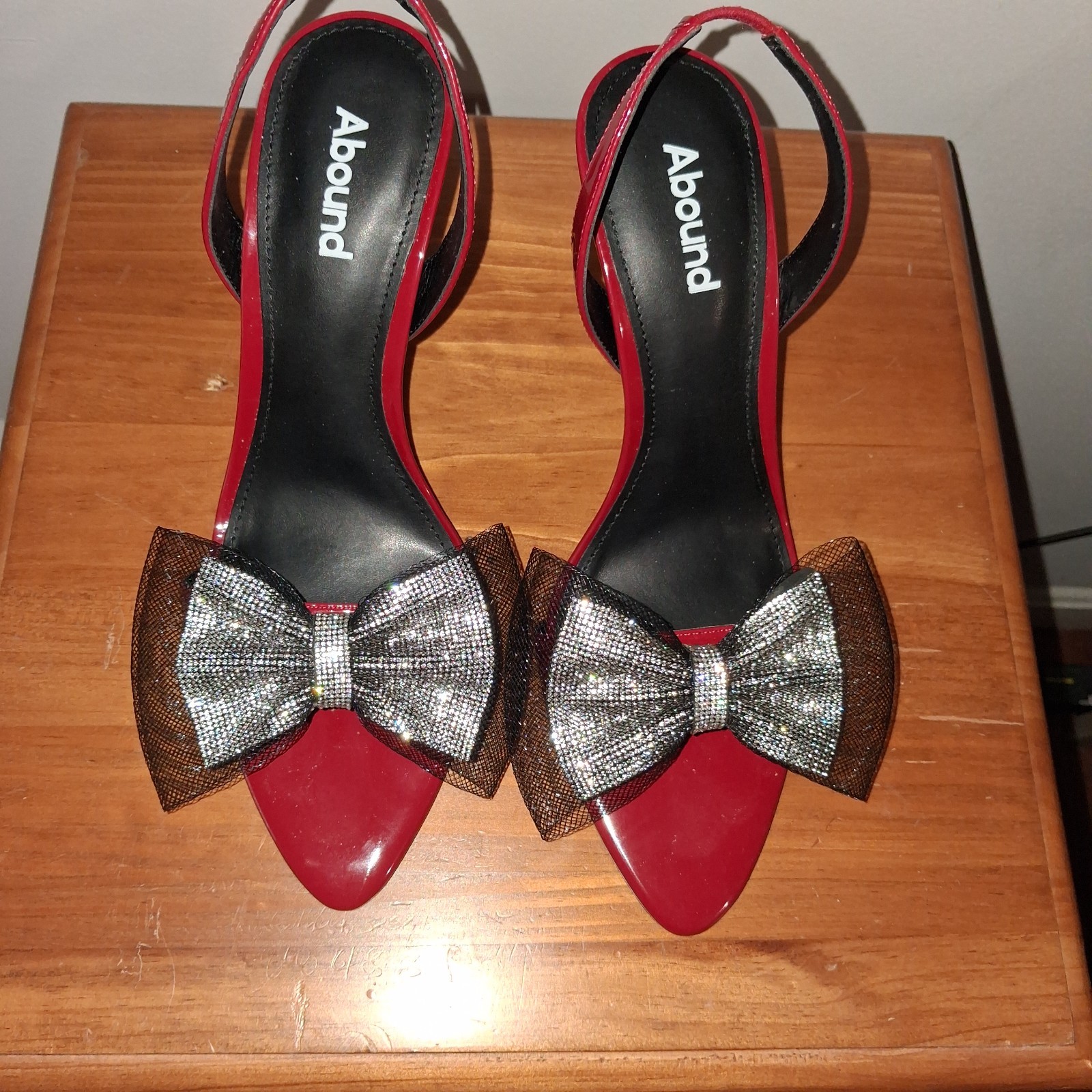 Abound Red Patent Slingback Heels with Rhinestone Bows Size 8