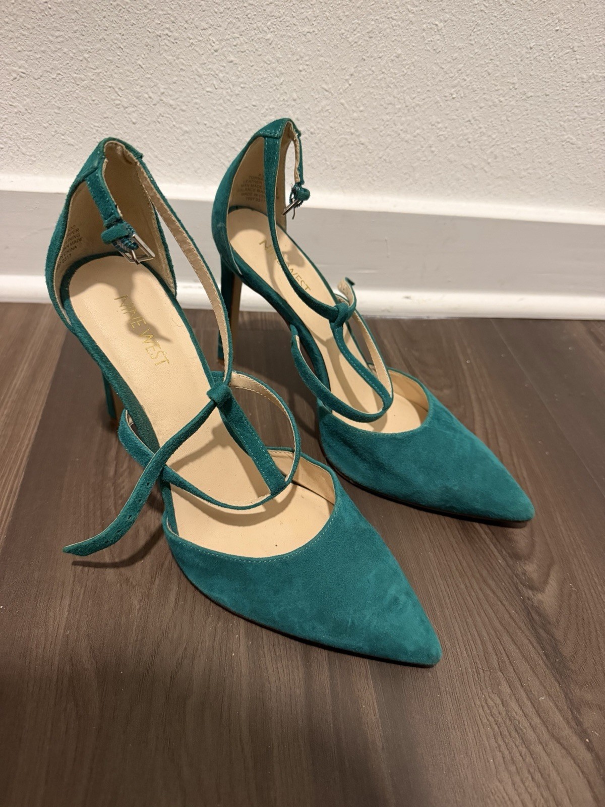 Nine West Green Suede Strappy Stiletto Pointed Toe Ankle Strap Heels