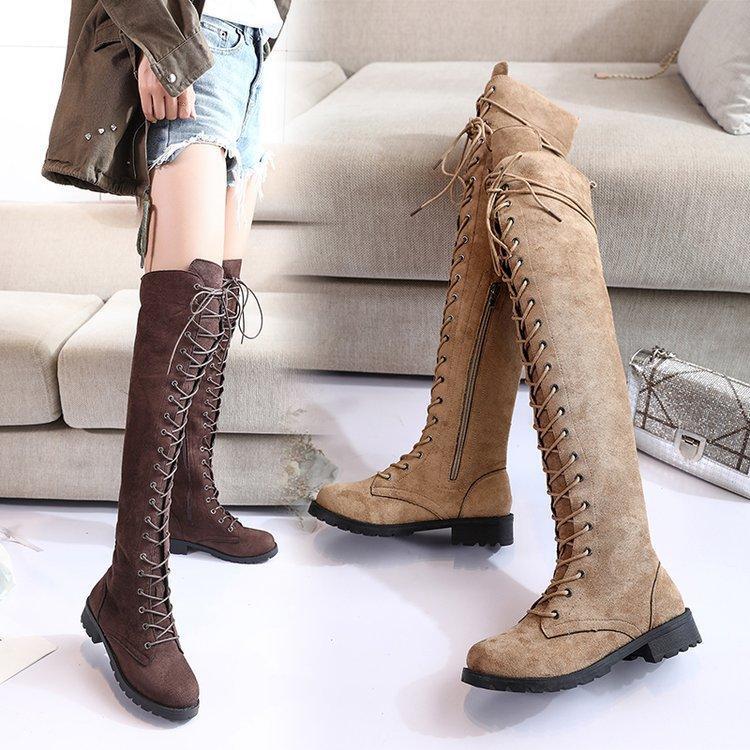 Womens Fashion Casual Youth Retro Gothic Low Heel Lace Up Knee High Riding Boots