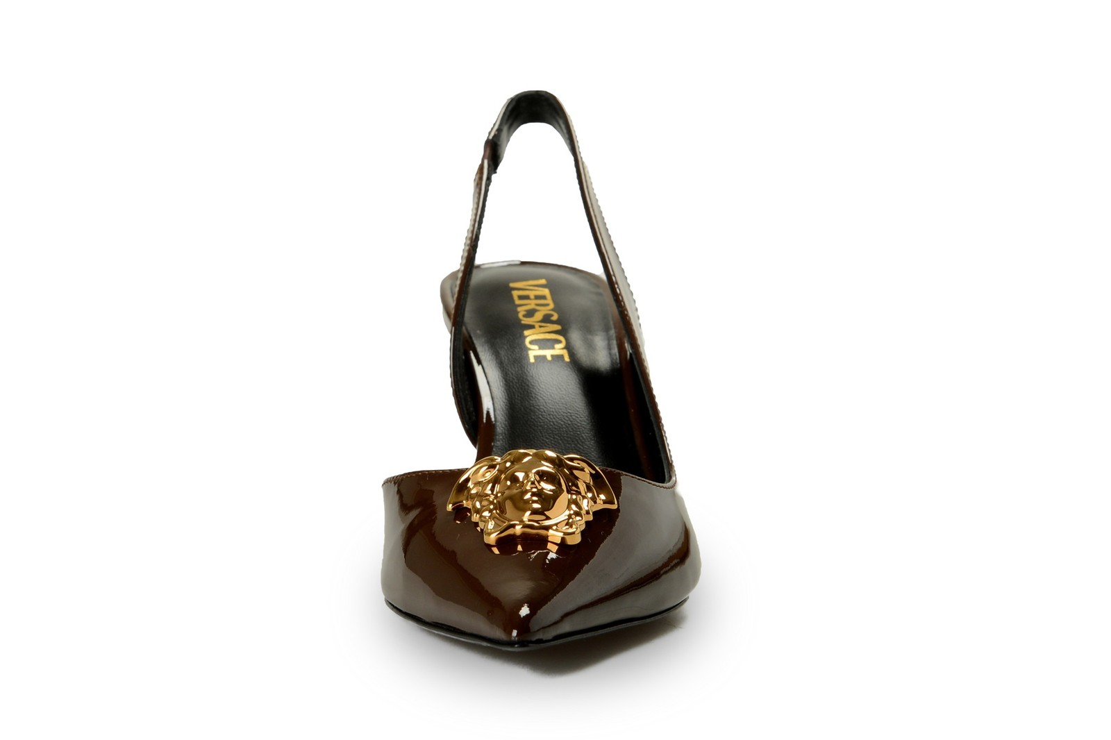 Versace Women’s Chocolate Patent Leather Gold Medusa Pump Shoes US 6 IT 36