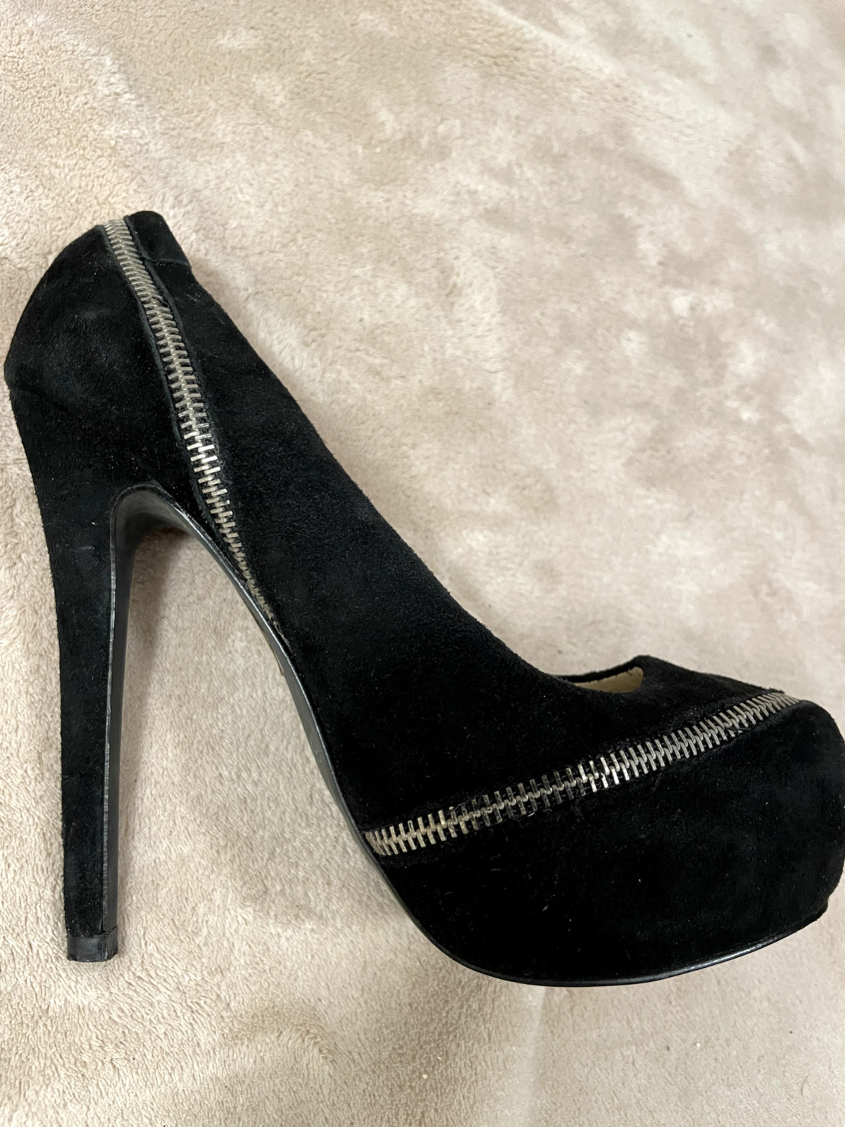 COLIN STUART STILETTOS, Black Suede Zipper Platform 5.5″ Heels Size 7.5 B
